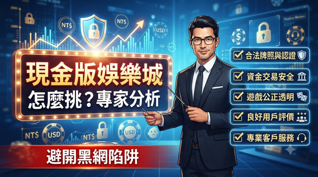 這張圖片展示了一位專業分析師正為觀眾講解挑選安全現金版娛樂城的重點。畫面右側清晰列出了包括合法牌照、資金安全、遊戲公正、用戶評價及客戶服務在內的五大關鍵指標。