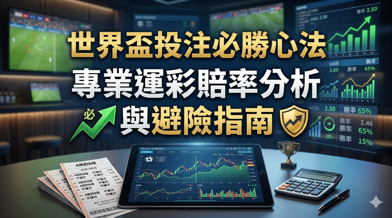畫面呈現專業的體育數據分析桌,並以「世界盃投注必勝心法」為核心標題。 圖像整合了賠率趨勢圖、運彩投注單與避險概念,整體風格強調數據導向與專業理性的投注策略。
