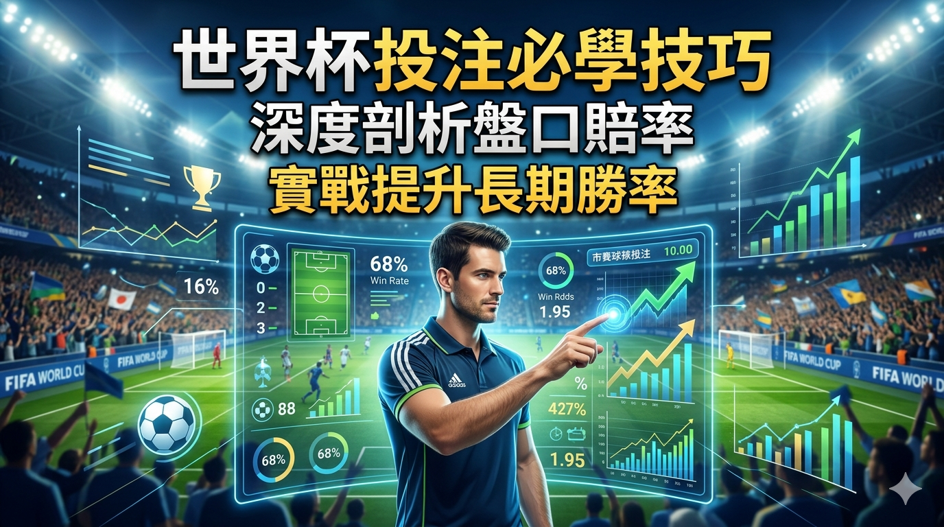 這張圖片呈現一位專業分析師在充滿科技感的足球場背景前,透過虛擬界面深入剖析數據與賠率。 整體設計以繁體中文標題強調投注技巧,結合動態圖表意象,精準傳達提升長期勝率的核心主題。