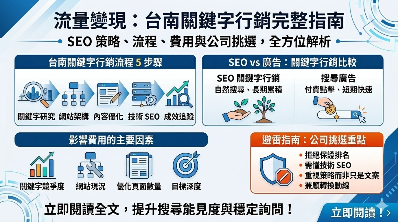 台南關鍵字行銷是提升企業在 Google 搜尋曝光的重要策略,透過 SEO 優化、關鍵字研究與網站內容布局,可以讓網站在台南在地搜尋中更容易被客戶找到。本篇整理台南關鍵字行銷的操作流程、費用影響因素、SEO 網站規格與公司挑選重點,幫助企業了解如何透過台南關鍵字行銷提升自然流量與穩定詢問。