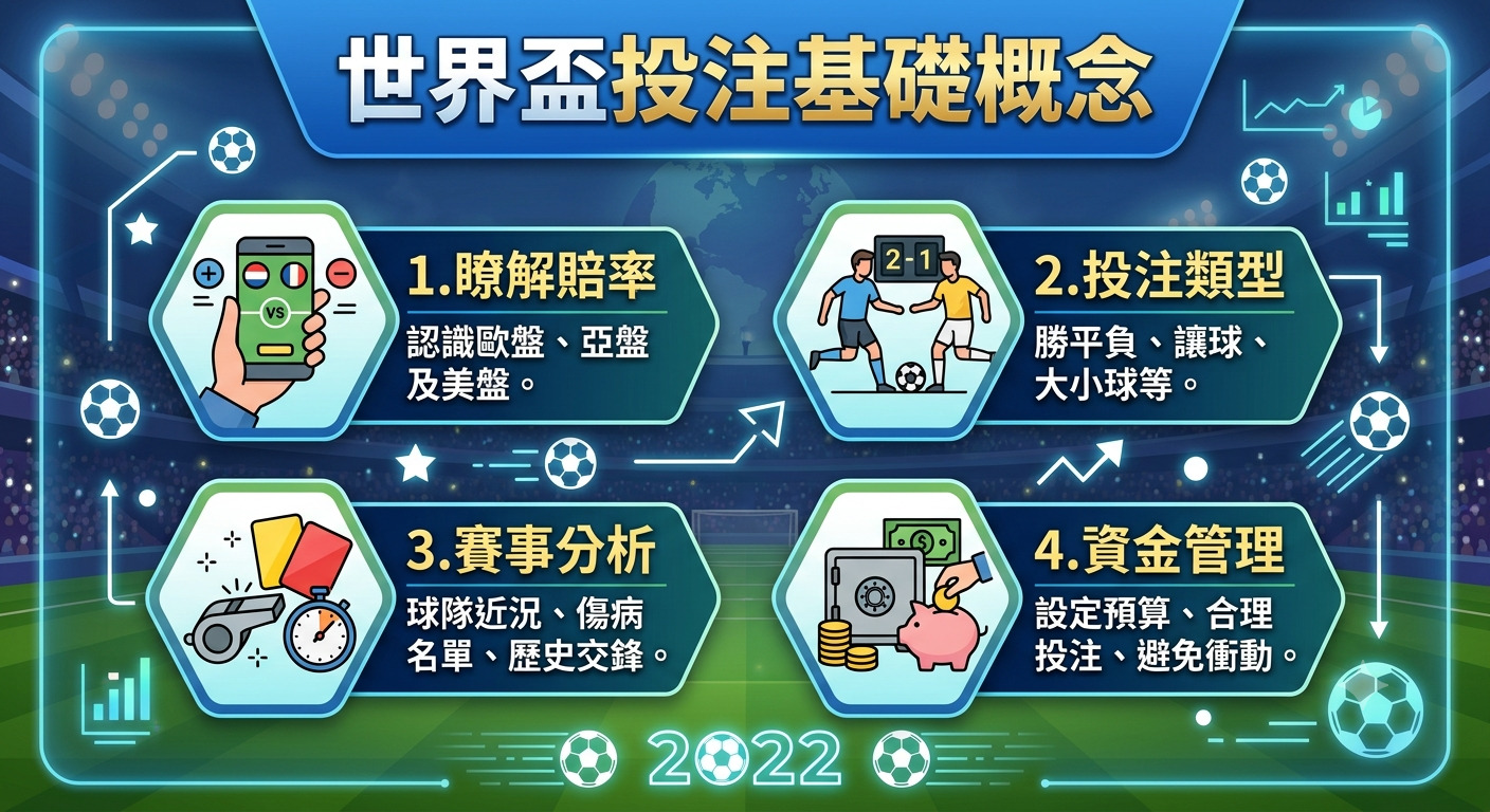這是一張以「世界盃投注基礎概念」為主題的資訊圖表,背景為足球場。 圖中將投注重點劃分為賠率了解、類型說明、賽事分析及資金管理四個板塊。