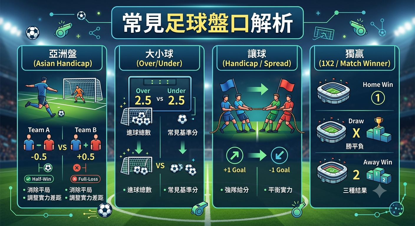 這是一張足球盤口分析的教學圖表,以清晰的視覺方式呈現了亞洲盤、大小球、讓球及獨贏等常見投注類型的核心概念。 透過簡潔的圖示與對比排版,幫助觀眾快速理解各種盤口的運作邏輯及其代表的比賽預測意義。