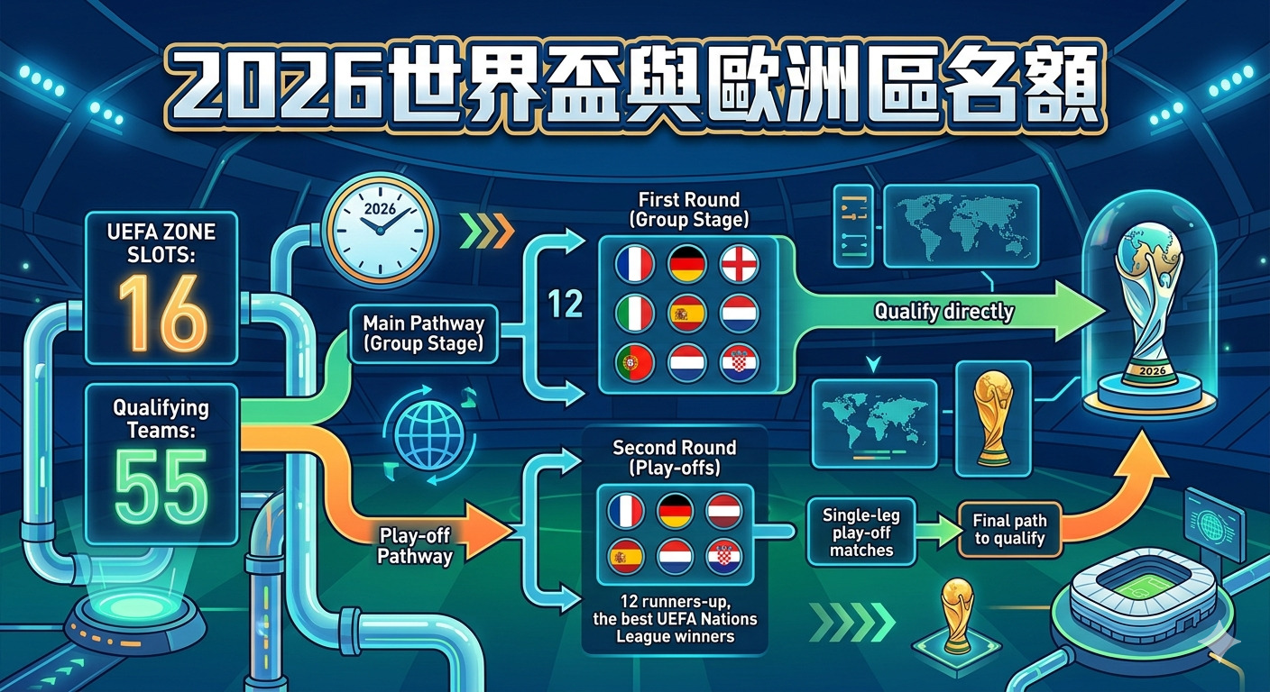 這是一張關於「2026世界盃與歐洲區名額」的圖表,詳細展示了歐足聯球隊進入世界盃的資格賽路徑。 圖中透過流程圖呈現了分組賽與附加賽的晉級機制,以及歐洲區最終獲得世界盃名額的相關數據。