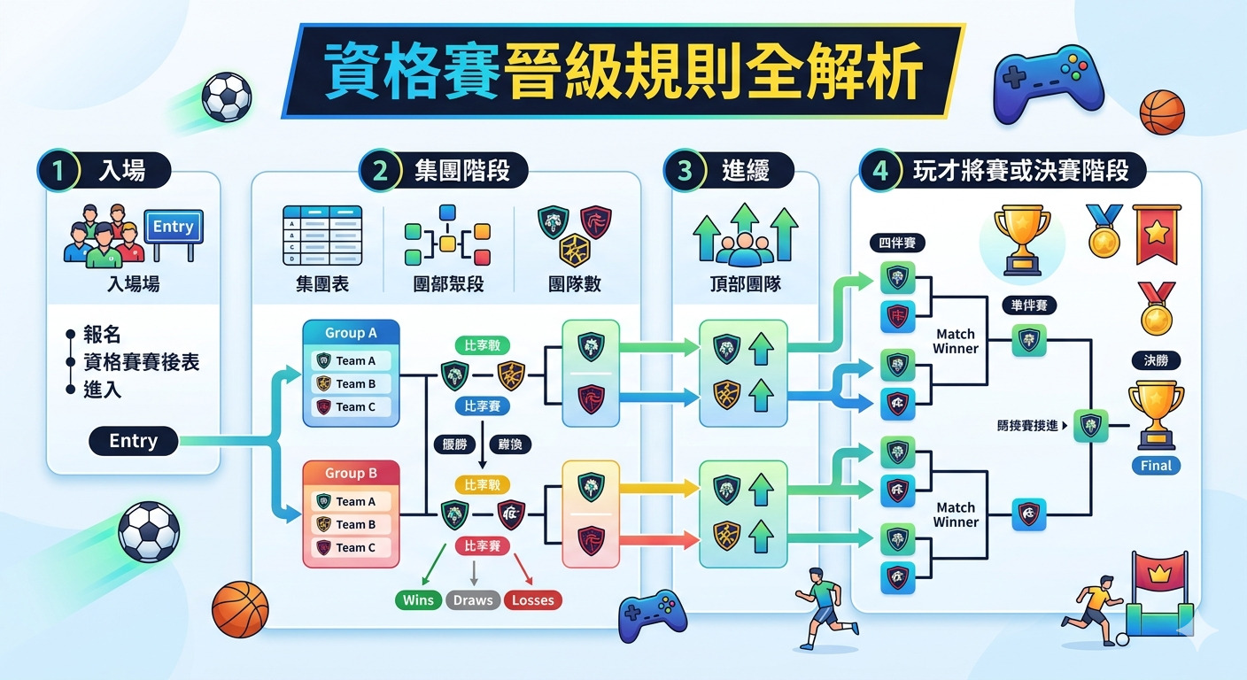 這張圖片清晰展示了資格賽晉級規則的完整流程,包含從報名入圍到最終決賽的四個階段。 透過分組賽制、團隊競爭與淘汰機制,詳細視覺化了隊伍如何一步步晉級直到奪得最後冠軍的過程。