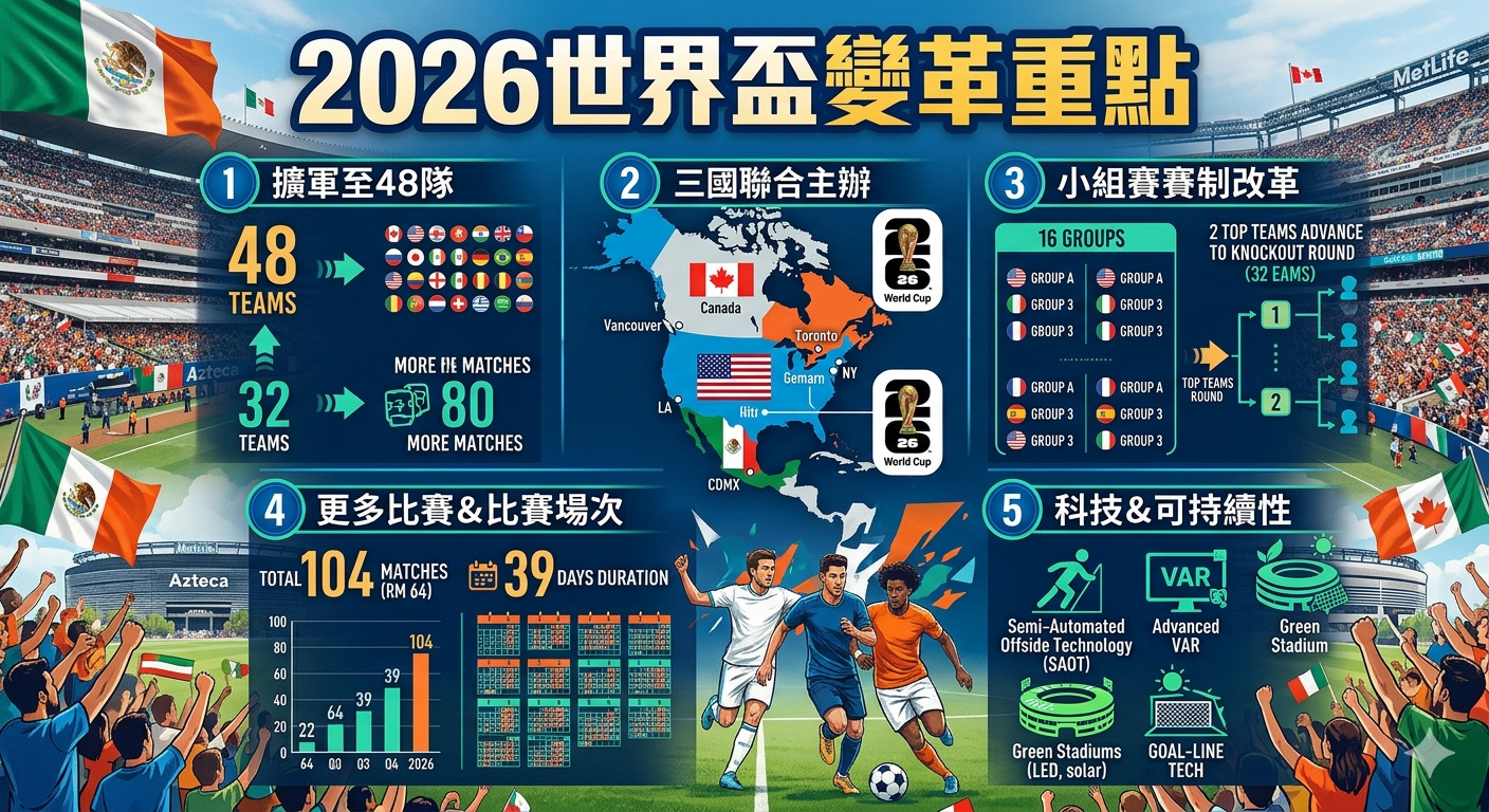 這張資訊圖表以「2026世界盃變革重點」為標題,詳細呈現了擴軍至48隊、三國聯合主辦、賽制更新及科技應用的各項變革重點。 透過數據圖表與圖示,清晰展示了比賽總場次增至104場及永續發展等賽事規劃。