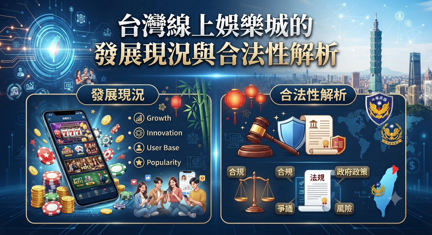 這張圖片的主題是「台灣線上娛樂城的發展現況與合法性解析」，透過科技感與法律元素的視覺設計來探討相關議題。 畫面結合了行動裝置娛樂、數據分析圖標以及法律天平與法規文件，全面呈現線上娛樂在台灣的發展趨勢與合規爭議。