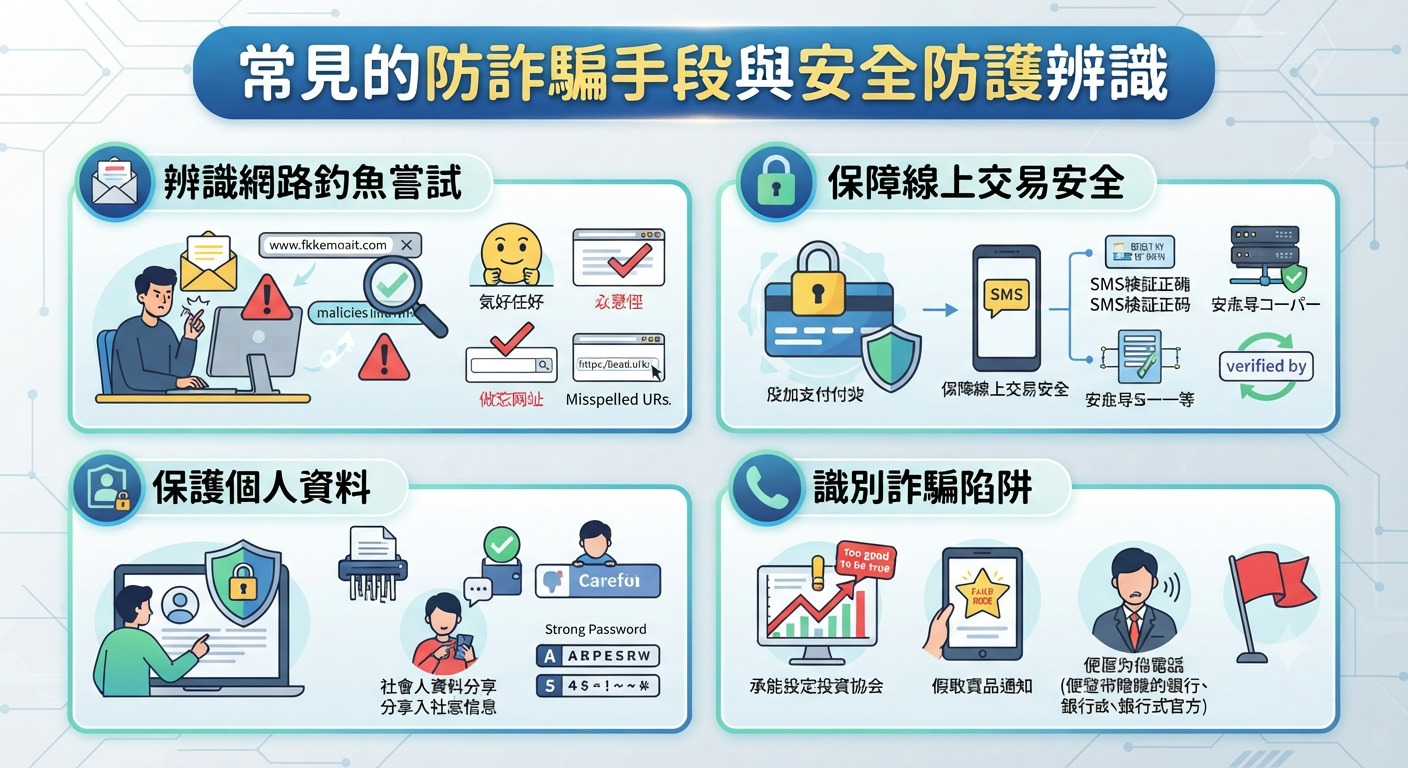 這是一張以「常見的防詐騙手段與安全防護辨識」為主題的資訊圖表。 內容透過四個區塊分別展示了辨識網路釣魚、保障交易安全、保護個人資料以及識別詐騙陷阱的相關圖解。