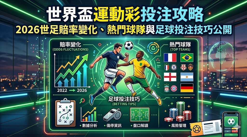 這篇世界盃運動彩投注攻略是您今年絕不能錯過的下注寶典，一篇文章帶您精準掌握最核心的2026世足賠率變化、熱門球隊與頂級足球投注技巧公開！由資深專家親自操盤，深度拆解亞洲讓分、大小球、不讓分獨贏及正確波膽等熱門盤口的實戰核心，並教您如何透過國際盤口的水位走勢、奪冠熱門球隊的最新戰術陣型與主力傷兵名單來洞察莊家陷阱。結合科學化的資金控管與業界高手的過關串關、滾球走地心法，幫助您在四年一度的全球足球盛宴中完美避開盲點、大幅提升中獎贏錢勝率，不論您是運彩新手還是老玩家，這篇必讀的2026世足下注指南都將是您引領資產翻倍的致富關鍵！