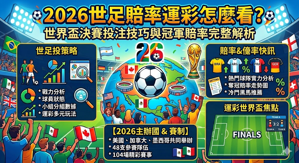 想知道2026世足賠率運彩怎麼看？這篇攻略帶您將最核心的世界盃決賽投注技巧與冠軍賠率完整解析一次完美掌握！由資深專家親自操盤，深度拆解台彩與國際盤口的不讓分獨贏、讓分盤、大小球及正確波膽等熱門玩法的實戰核心，教您如何敏銳洞察莊家在決賽階段的水位走向、各國豪強的最新戰術陣型與主力傷兵名單。結合科學化的資金控管與業界高手的過關串關、滾球走地心法，幫助您在四年一度的頂級決賽盛宴中完美避開盲點、大幅提升中獎贏錢勝率，不論您是運彩新手還是老玩家，這篇必讀的2026世足下注指南都將是您引領資產翻倍的致富關鍵，現在就點擊查看搶佔發財先機！